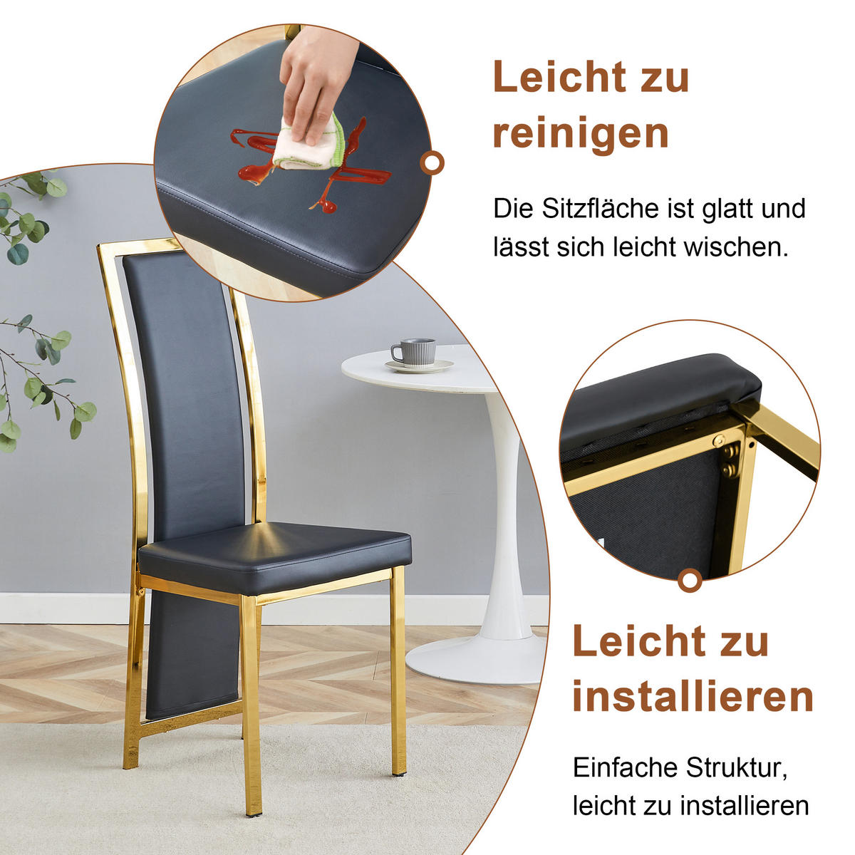 ESSGRUPPE DE-39460 3-teilig, Glastisch und 2 Stühlen mit Goldkante Schwarz - Schwarz, Metall (88/75/88cm) - ComfortXL