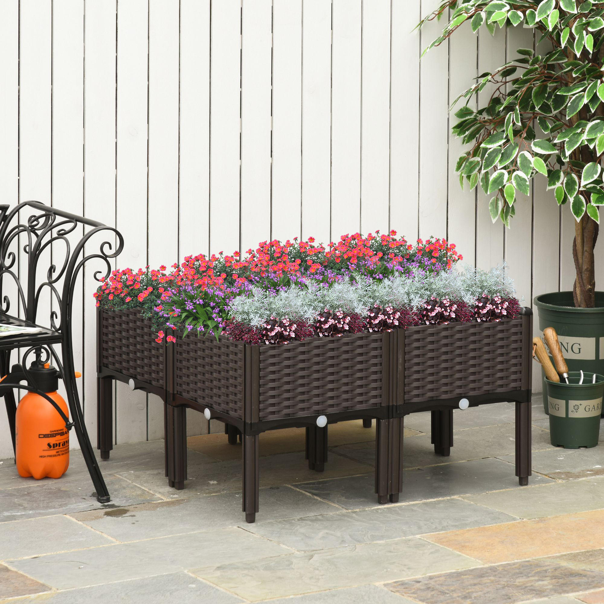 HOCHBEET, 4-tlg. Pflanzkasten mit Abflusslöchern, Rattan-Look, Blumenkasten, DIY, Braun, 40 x 40 x 45 cm - Dunkelbraun, Kunststoff (40/44/40cm) - Outsunny