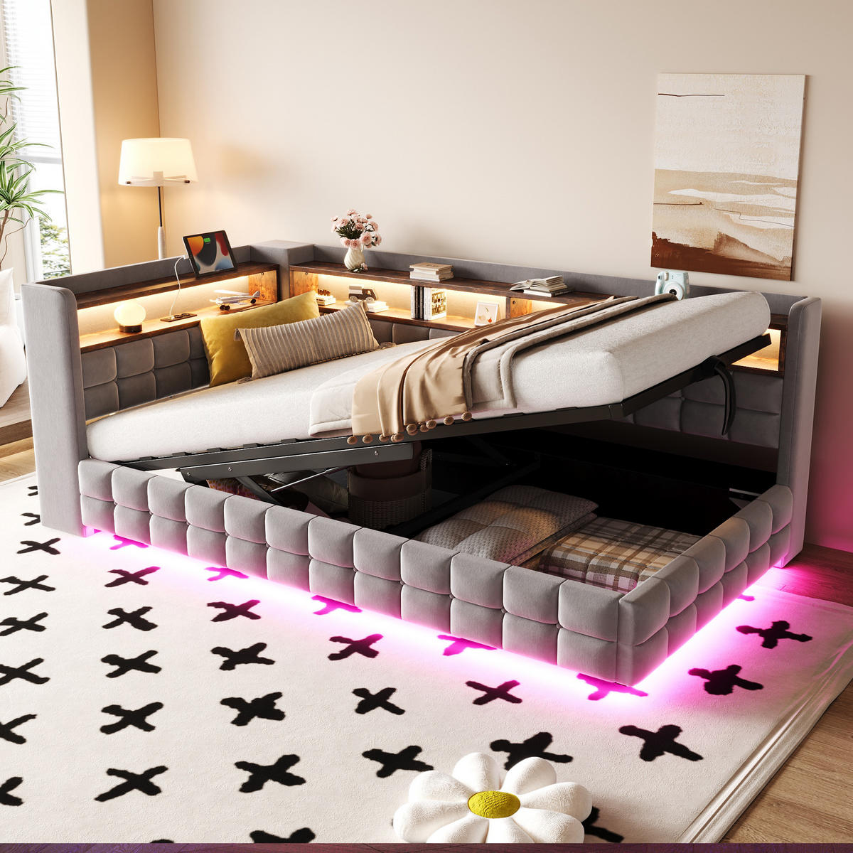 POLSTERBETT 90/200 cm Hellgrau aus Velours mit Stauraum mit LED-Beleuchtung - Hellgrau, Textil (90/200cm) - OKWISH