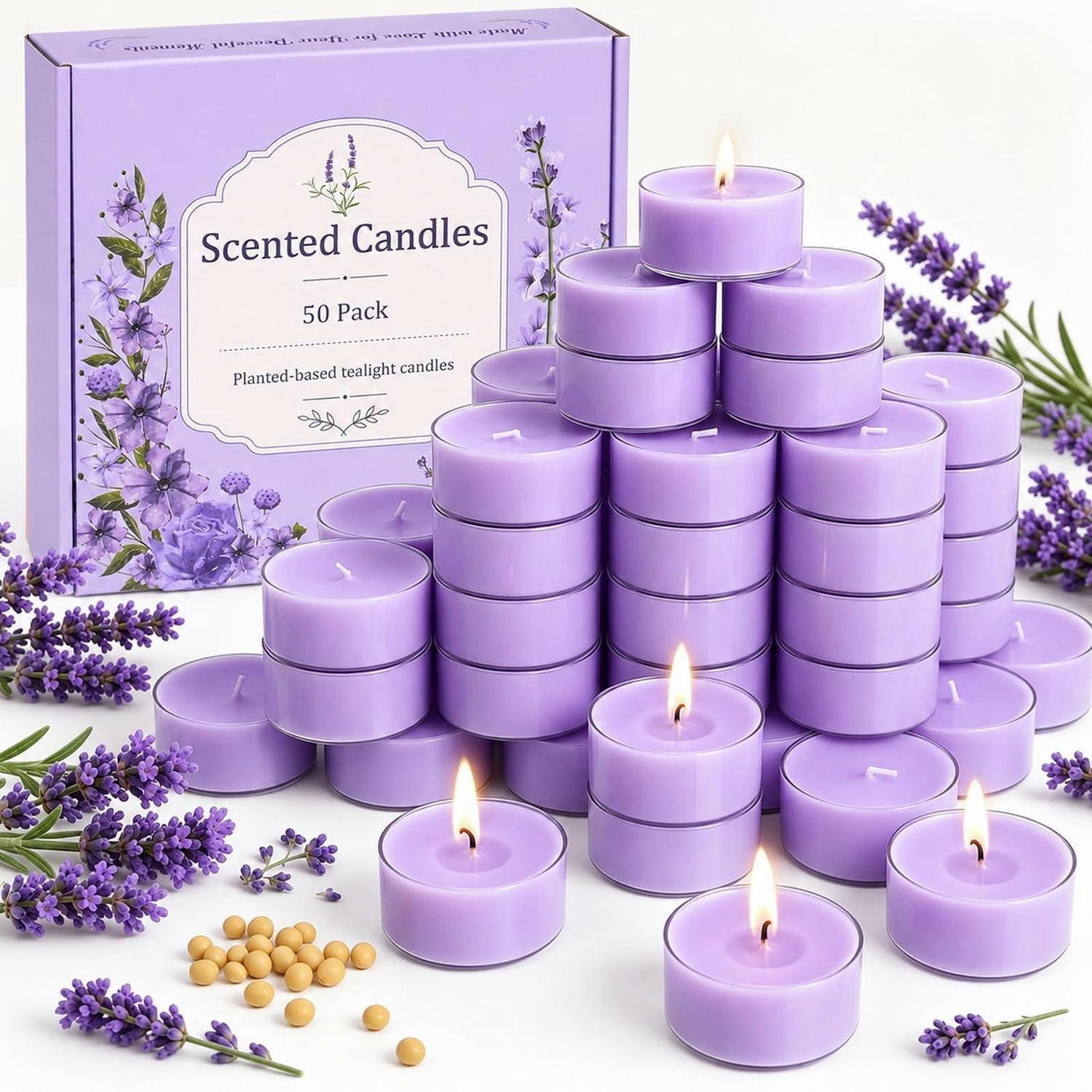 TEELICHTER 50 Stück Lavendel Duftkerzen Set 4 Stunden Brenndauer - Weiß, Paraffin (3/5/5cm)