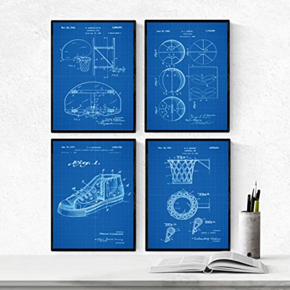 POSTER Set mit 4 Blau Patenten Basketball A4 Schwarzer Rahmen - Schwarz, Papier (29.7/3cm) - Nacnic