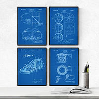 POSTER Set mit 4 Blau Patenten Basketball A4 Schwarzer Rahmen - Schwarz, Papier (29.7/3cm) - Nacnic