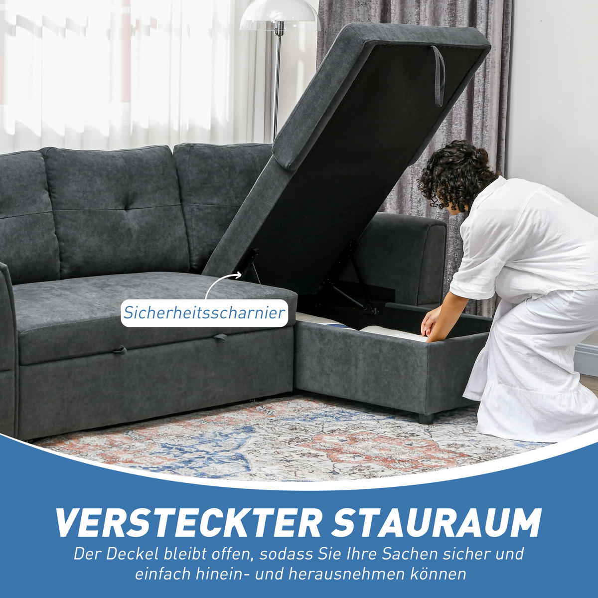 SCHLAFSOFA Ecksofa mit Bettfunktion, 3 Sitzer Couch mit Stauraum, Dunkelgrau - Dunkelgrau/Schwarz, Kunststoff/Textil (141/232cm) - HOMCOM