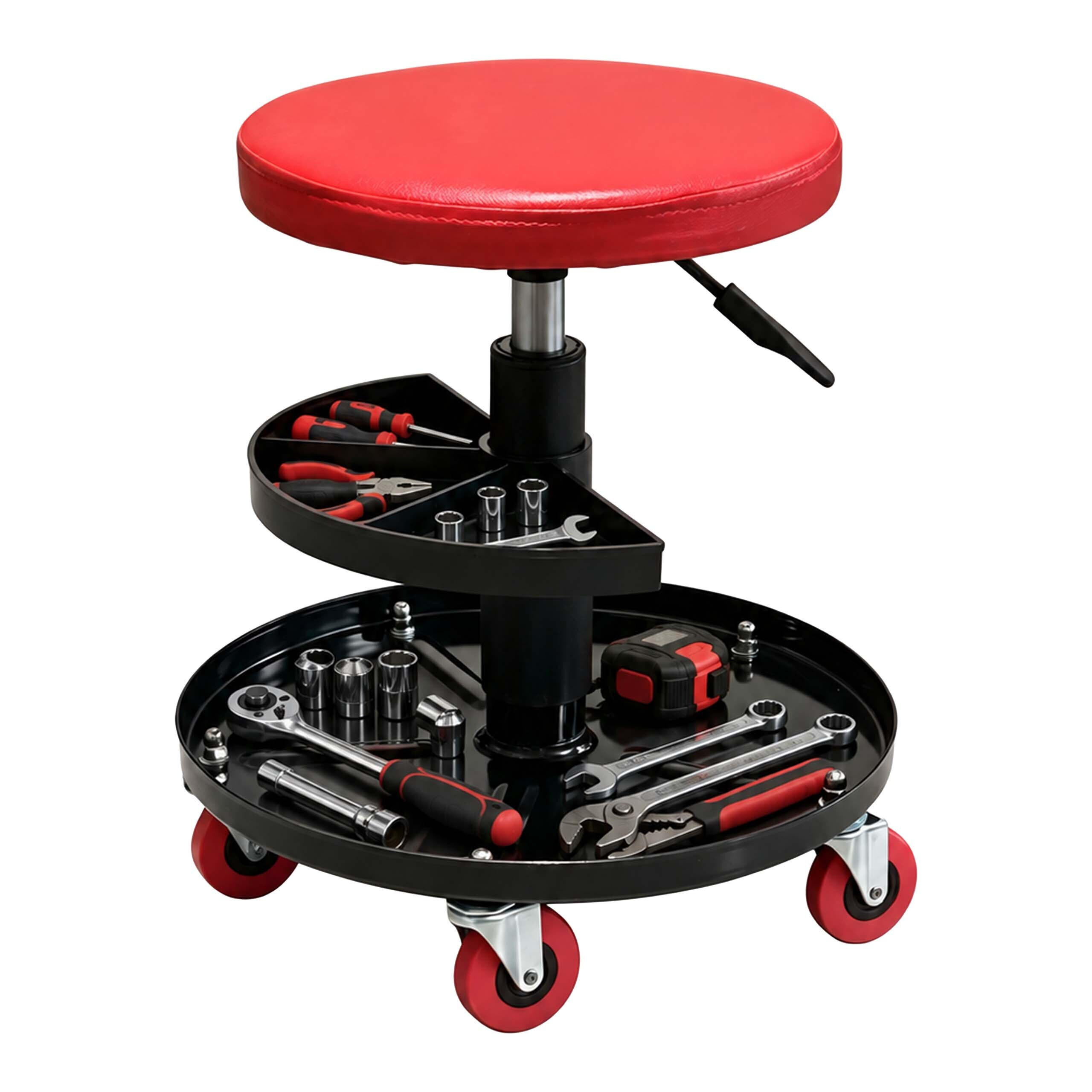 Relaxdays TABURET Červený dílenský výškově nastavitelný s odkládacími přihrádkami 42 cm