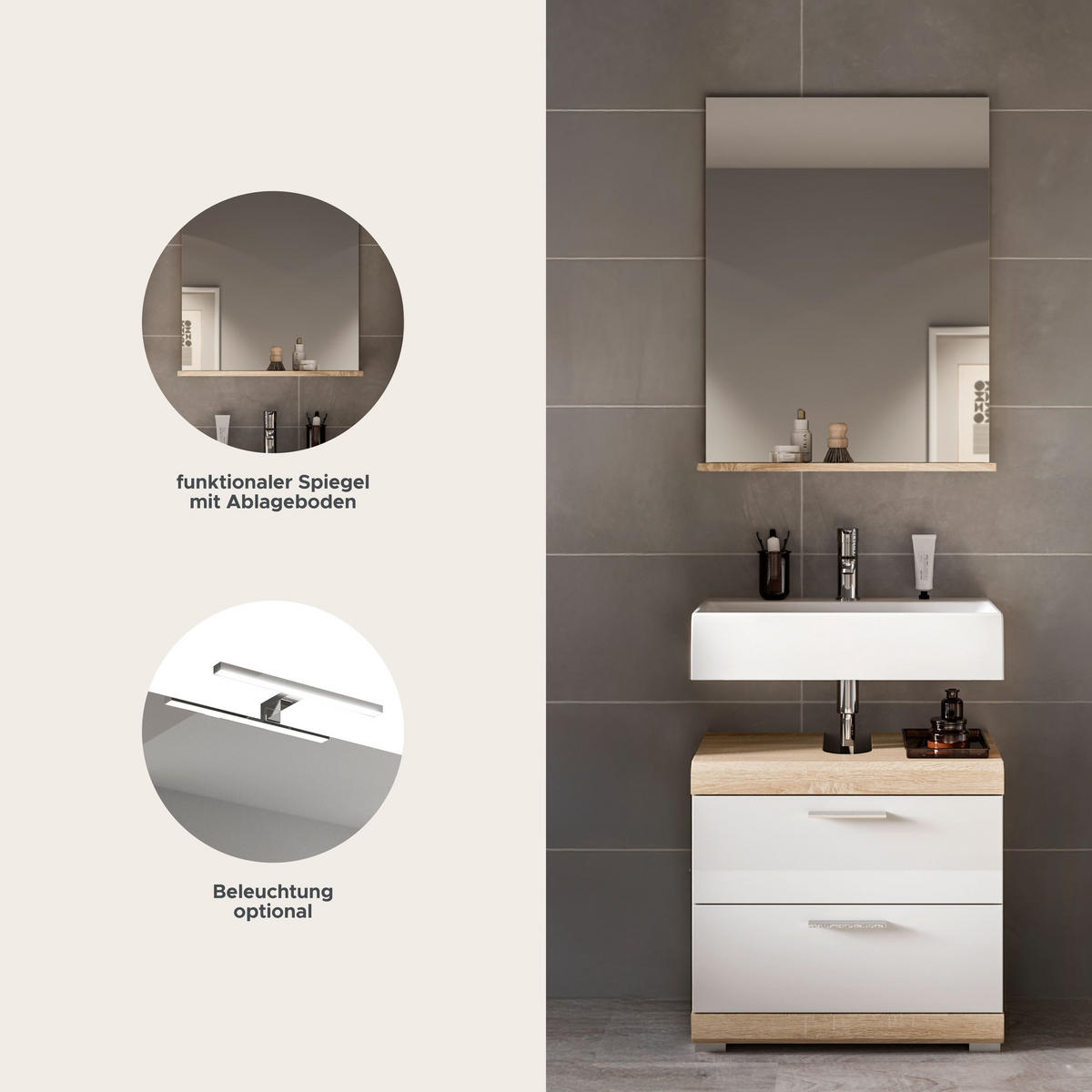 BADKOMBINATION 2tlg. Lambada Bad in Sonoma Eiche hell und weiß hochglanz B/H/T: 60x191x34 cm - Sonoma Eiche, Holz (60/191/37cm)