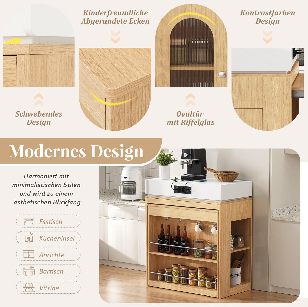 KÜCHENINSEL 83/46-146,5/96 cm aus MDF und Glas mit ausziehbarer Tischplatte Natur - Naturfarben, Holzwerkstoff (83/96/46cm) - Modenvie