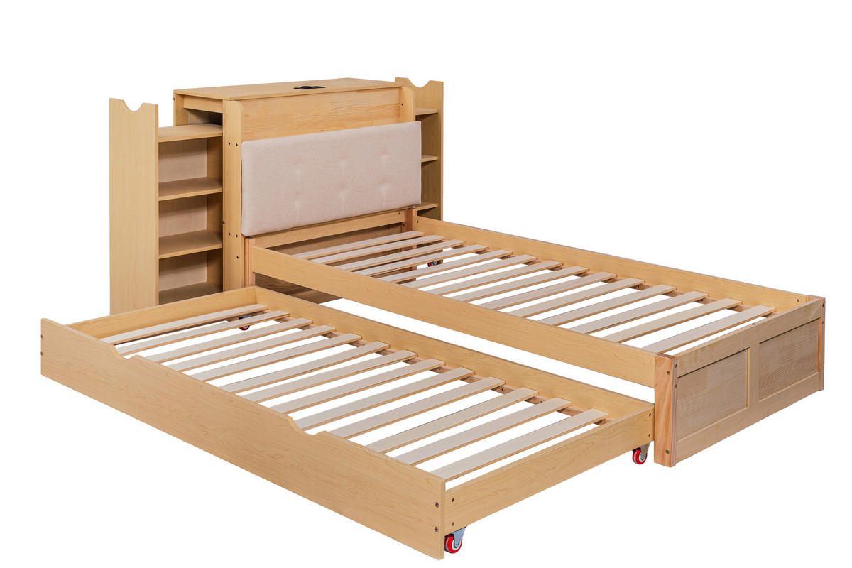 BETT mit Ausziehbett 90x200 cm Holzwerkstoff Natur - Braun, Holz (90/200cm) - Meubliv