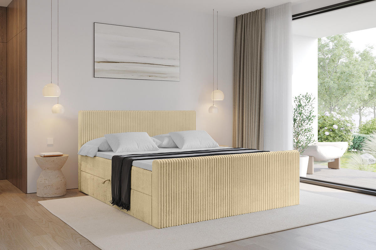 BOXBETT mit Matratze H4 und Lattenrost - TOLO-Z - 200x200 Cord - Ecru - Ecru, Holzwerkstoff (200/200cm) - ALTDECOR