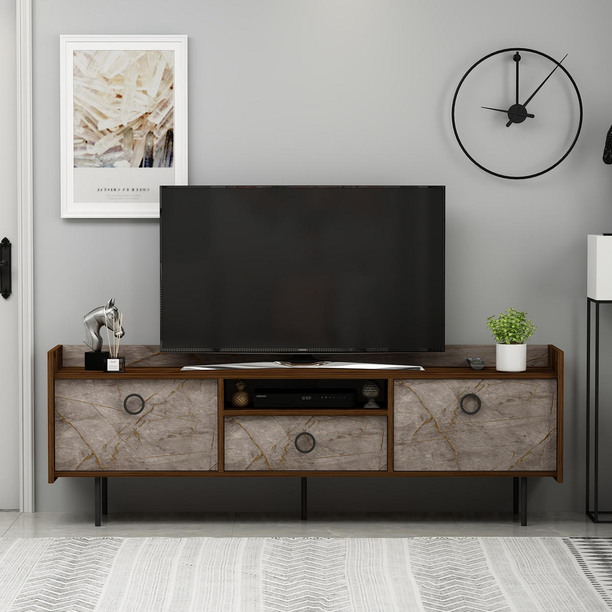 TV-LOWBOARD Büsra Braun Grau 3 türig 9192 - Schwarz/Braun, Holzwerkstoff/Metall (184/63/37cm) - moebel17