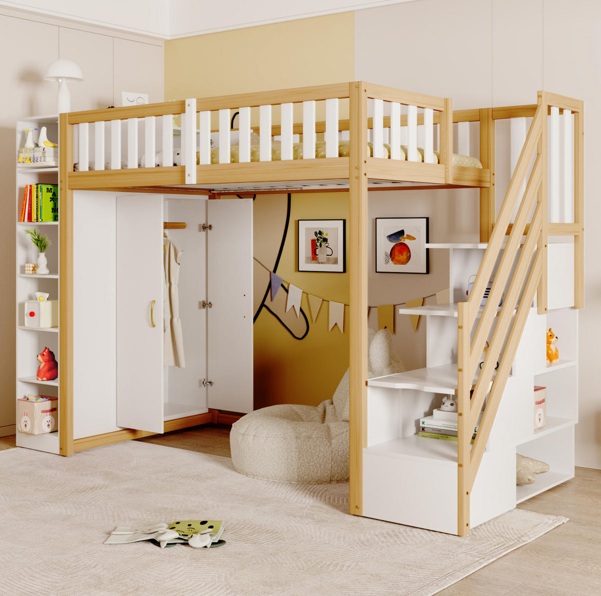 HOCHBETT 90/200 cm aus Holz mit Kleiderschrank, Regalen und Leiter mit Stauraum Weiß/Natur - Naturfarben, Holz (90/200cm) - Modenvie