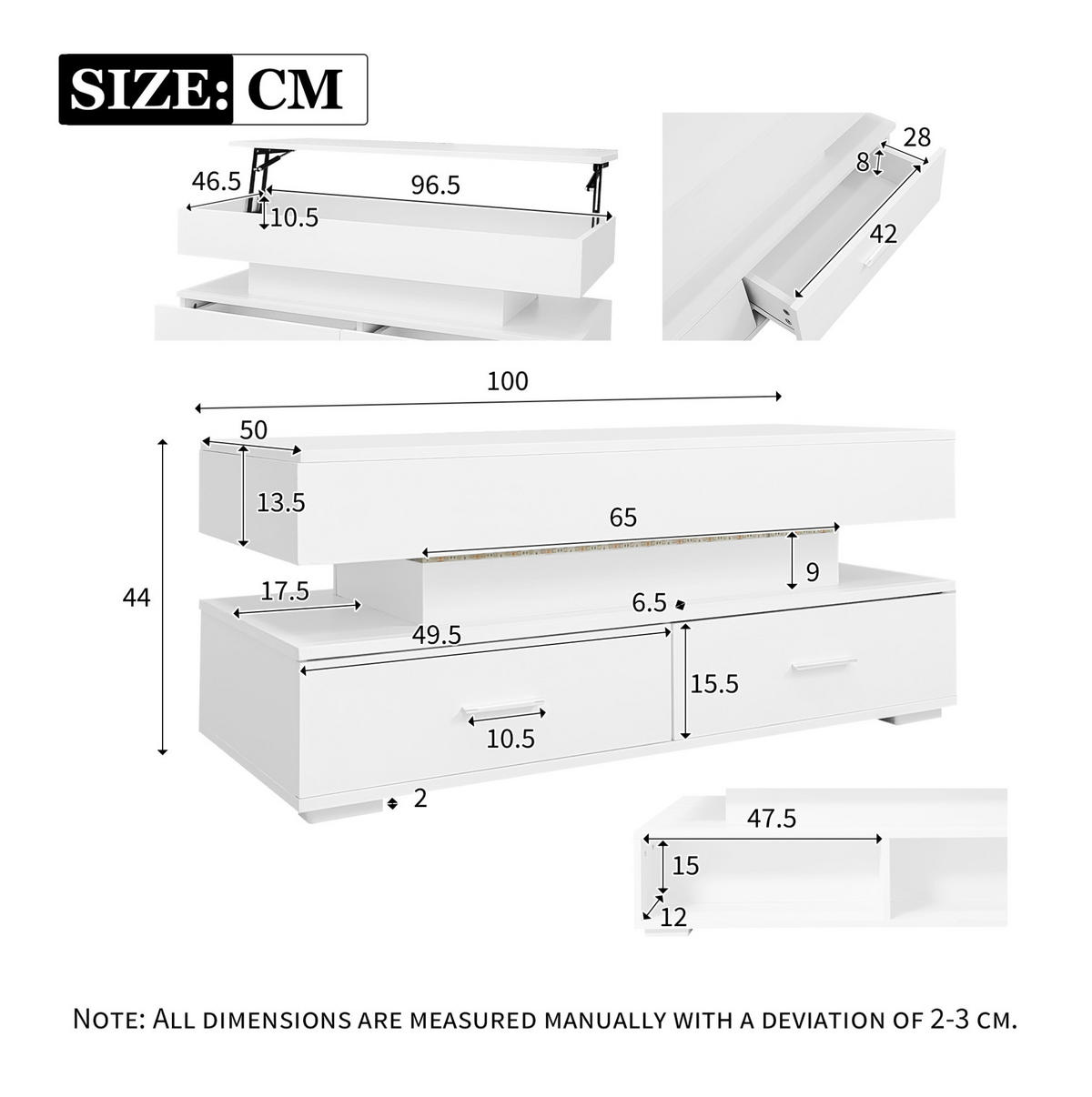 KONFERENČNÍ stolek, 100/50/44 cm bílý, výškově nastavitelný s LED osvětlením - bílá, kompozitní dřevo (100/50/44cm) - BEAOK