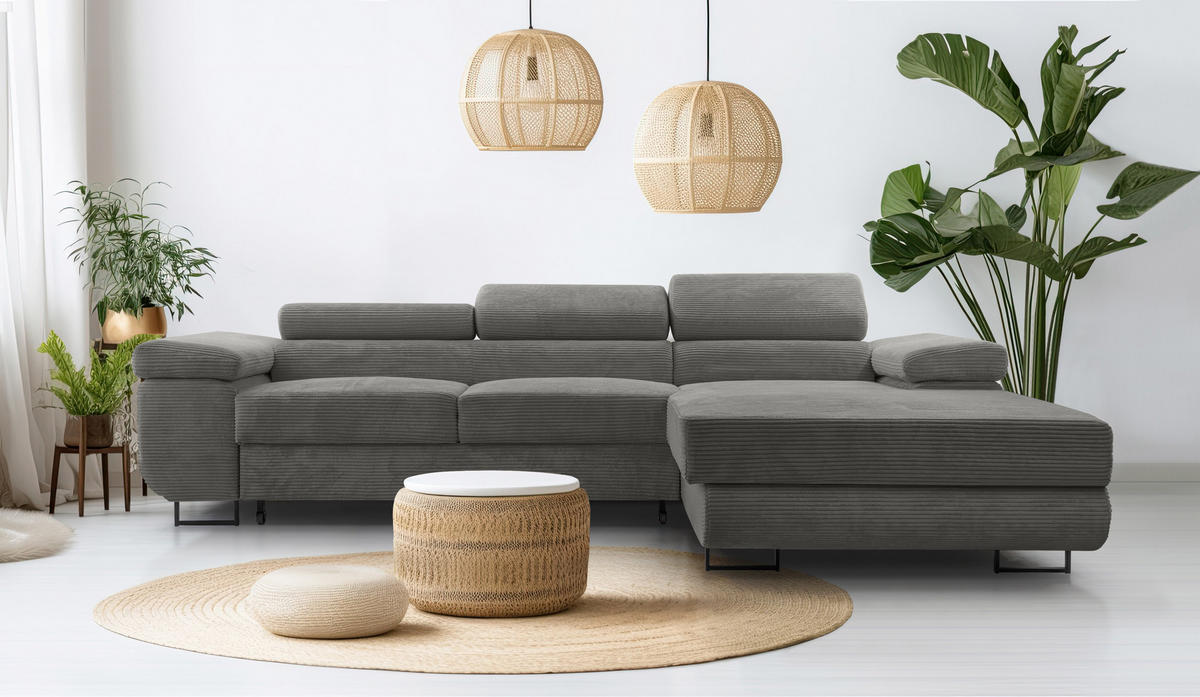 ECKSOFA L Form Arborio Dunkelgrau 280/203/90 cm Rechts mit Schlaffunktion - Dunkelgrau/Schwarz, Textil/Metall (280/203cm) - AX Living