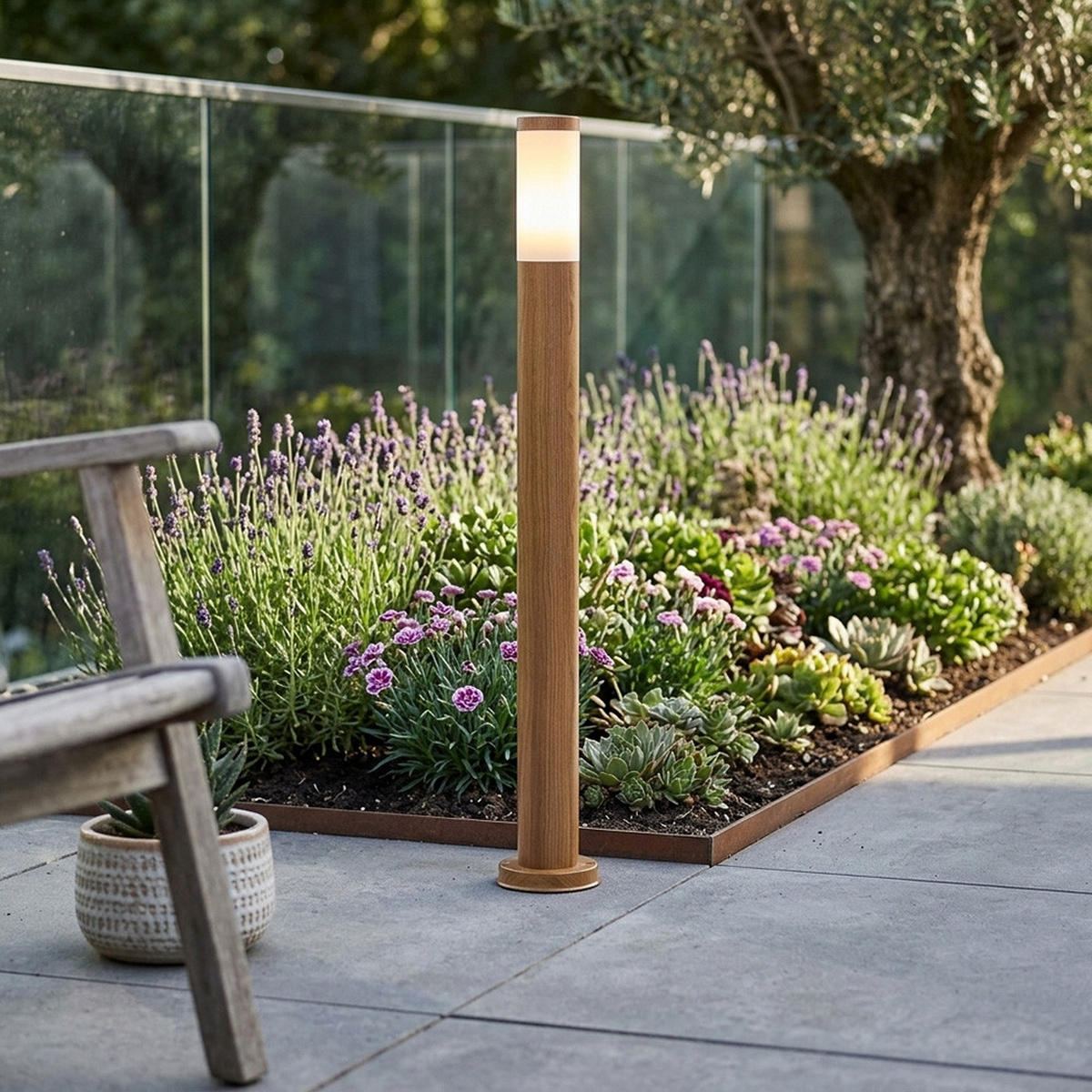LED STEHLEUCHTE Edelstahl Braun Holzoptik - Braun, Metall (12.7/12.7/110cm) - Globo Lighting
