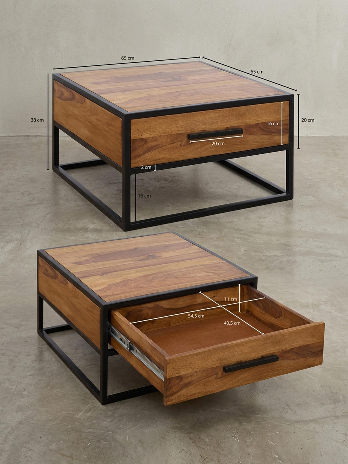 COUCHTISCH Industriestil, Metall und Holz, mit Schublade, 50 kg Tragkraft - Schwarz/Braun, Holz/Metall (65/65/38cm) - KADIMA DESIGN