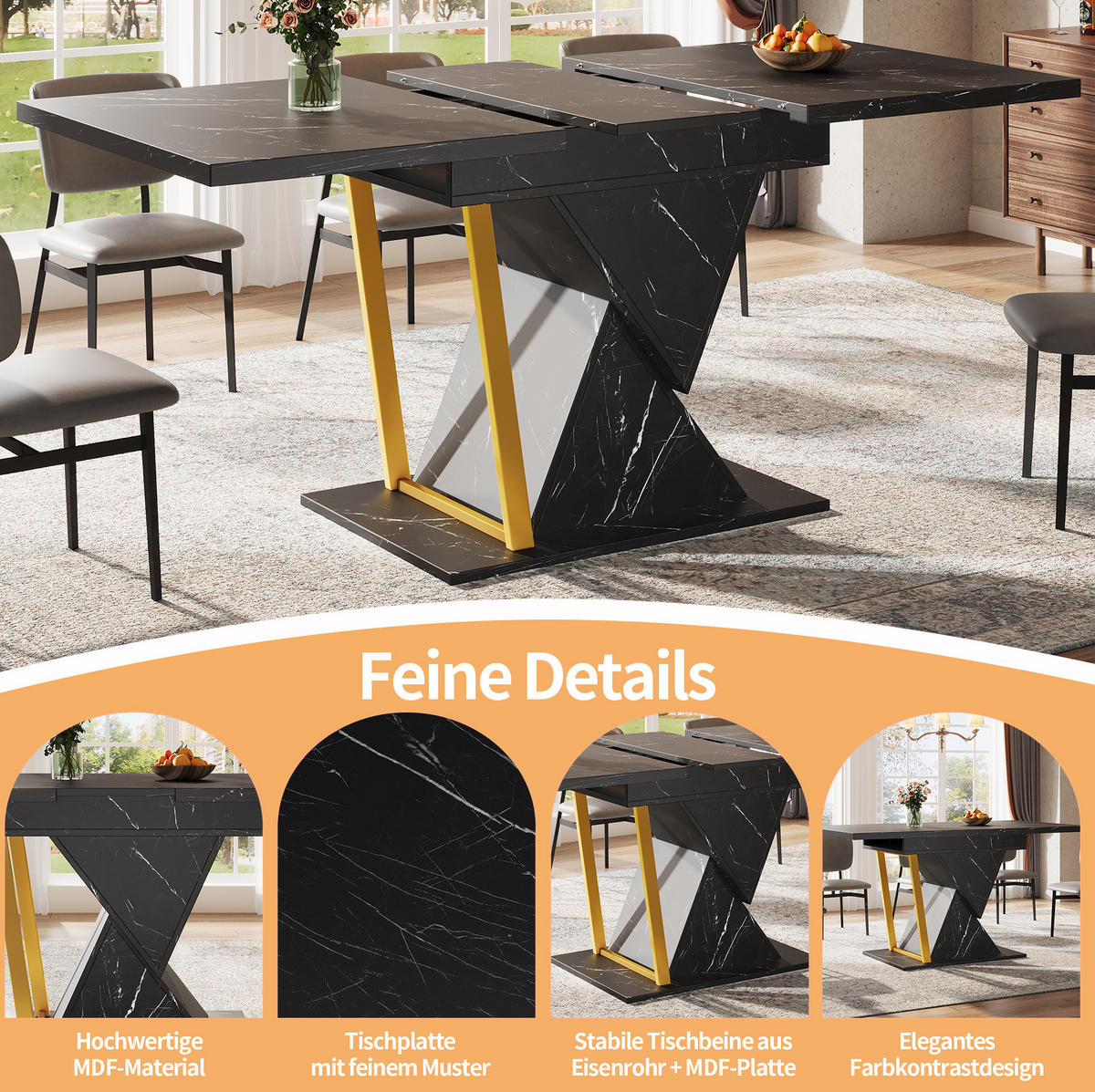 AUSZIEHBARER Esstisch, MDF in Marmoroptik mit Metallgestell, 110–140/80/76 cm, Schwarz - Schwarz, Holzwerkstoff (110/80/76cm) - Redom