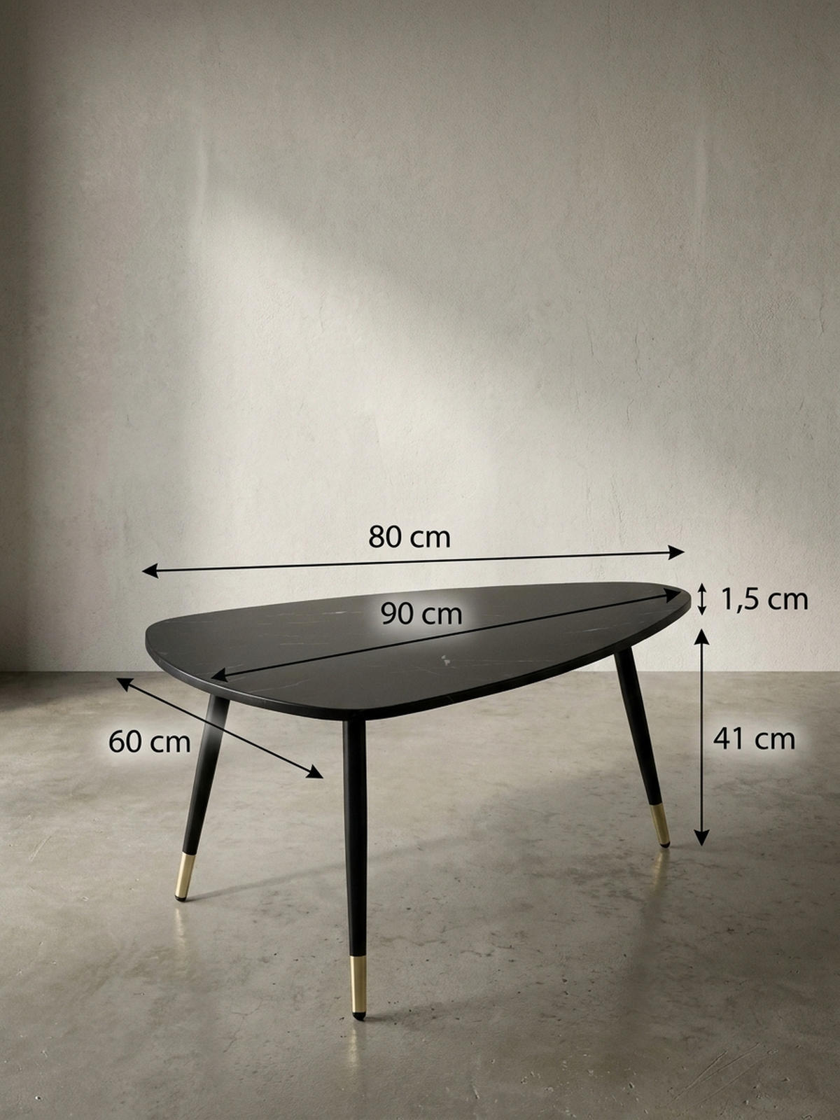 COUCHTISCH mit Marmor Optik, Dreibein, Metall-Gestell, Dreieckig, Schwarz 90x60x41 cm - Schwarz, Holzwerkstoff/Metall (60/90/41cm) - KADIMA DESIGN