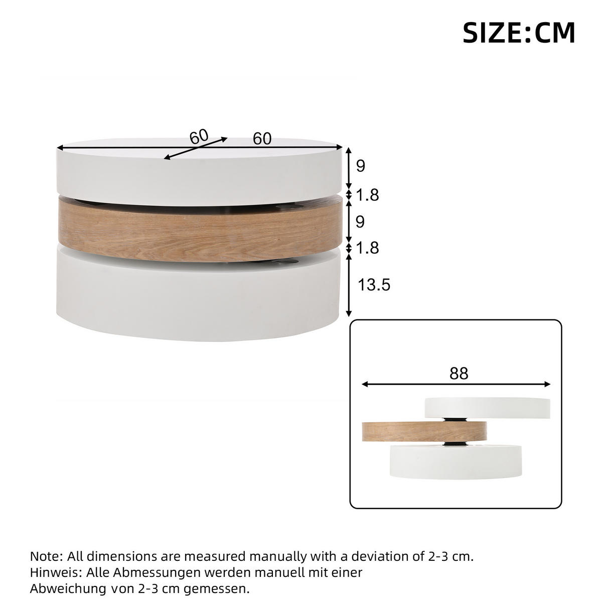 COUCHTISCH aus MDF 60x60x35,1 cm Weiß/Natur, 360° drehbar mit Stauraum - Weiß, Holzwerkstoff (60/60/35.1cm) - IVMEU