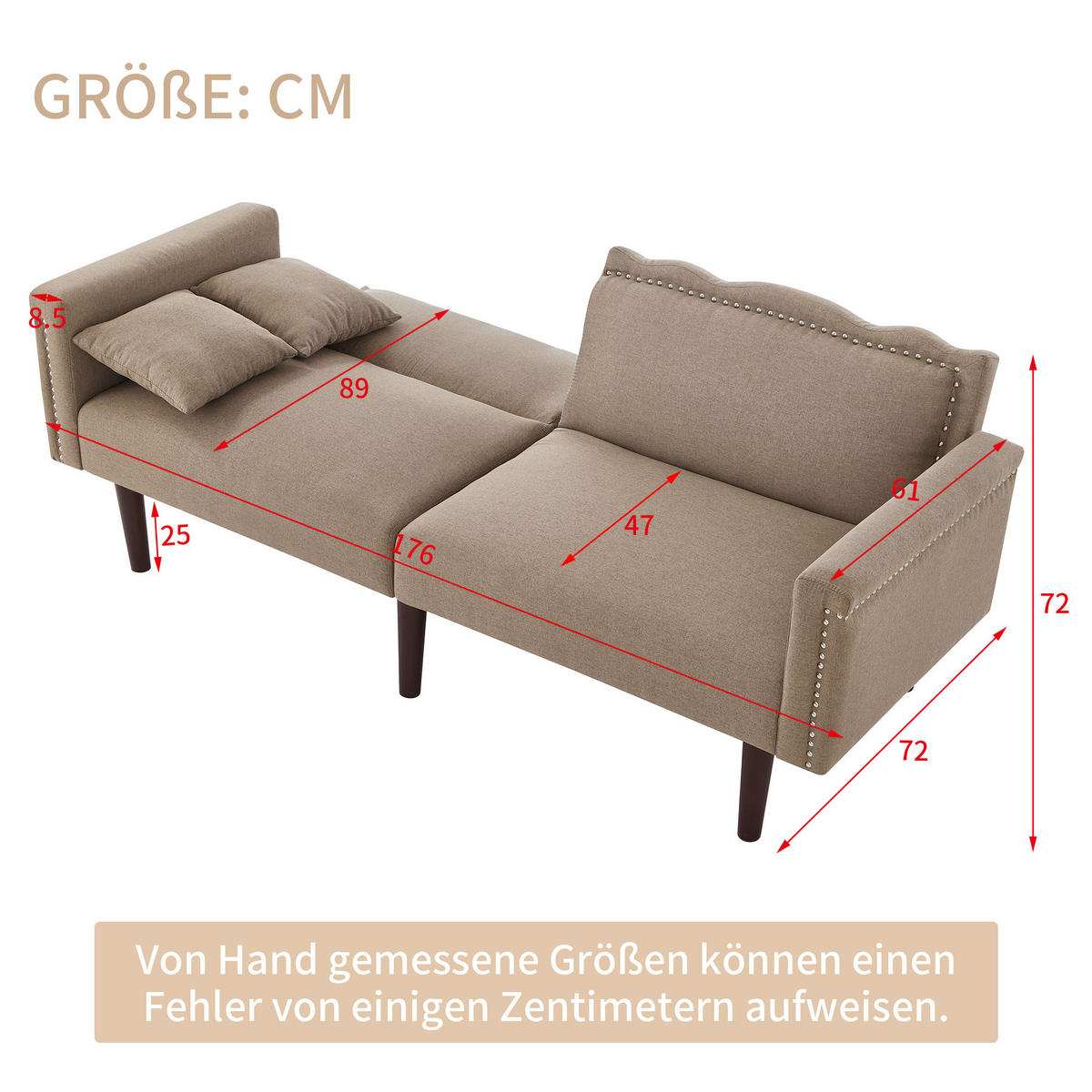 SOFA 2in1 Zweisitzer Liegefunktion Unabhängig Verstellbar Baumwoll-Leinen - Braun, Holz (92.71/19.05/80cm) - FLIEKS