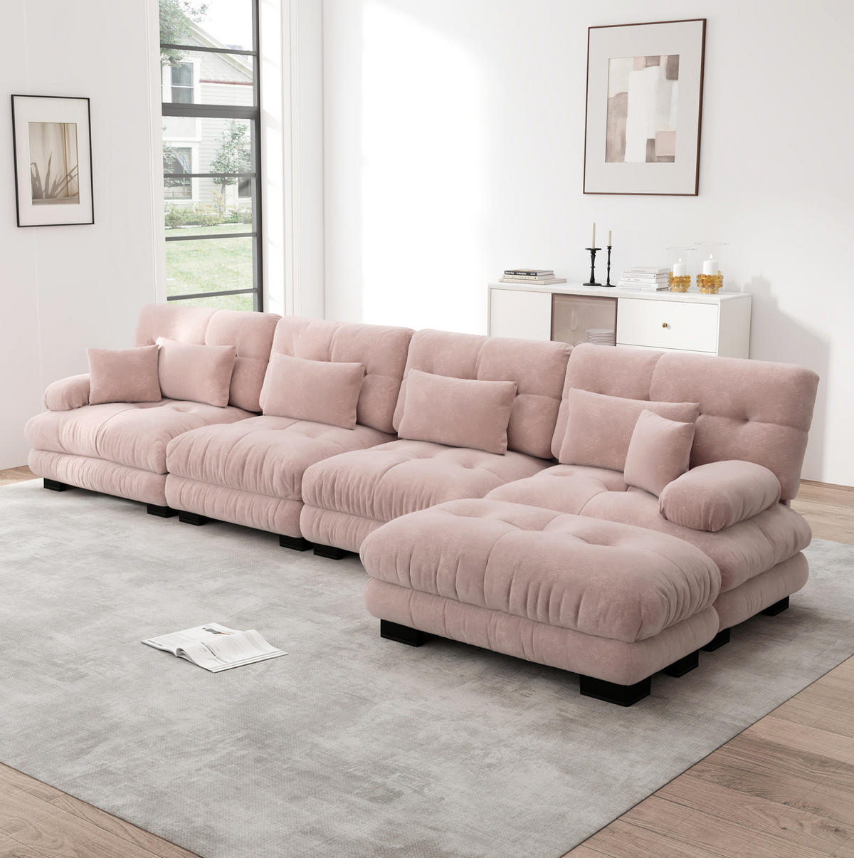 ECKSOFA modular mit beweglichen Ottomane, tiefem Sitz und Chenillebezug, Pink - Pink, Textil (406/145cm) - Redom
