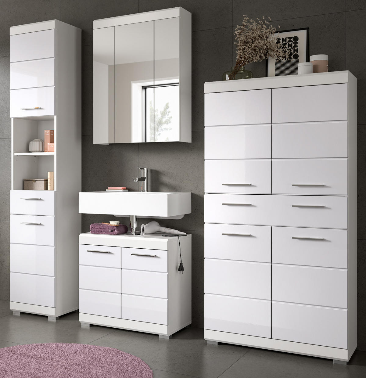 BADMÖBEL-SET weiß Hochglanz 4-teilig 200 cm, Komplettset mit viel Stauraum - Weiß Hochglanz, Glas/Holzwerkstoff (200/191/34cm) - Inn.Furn