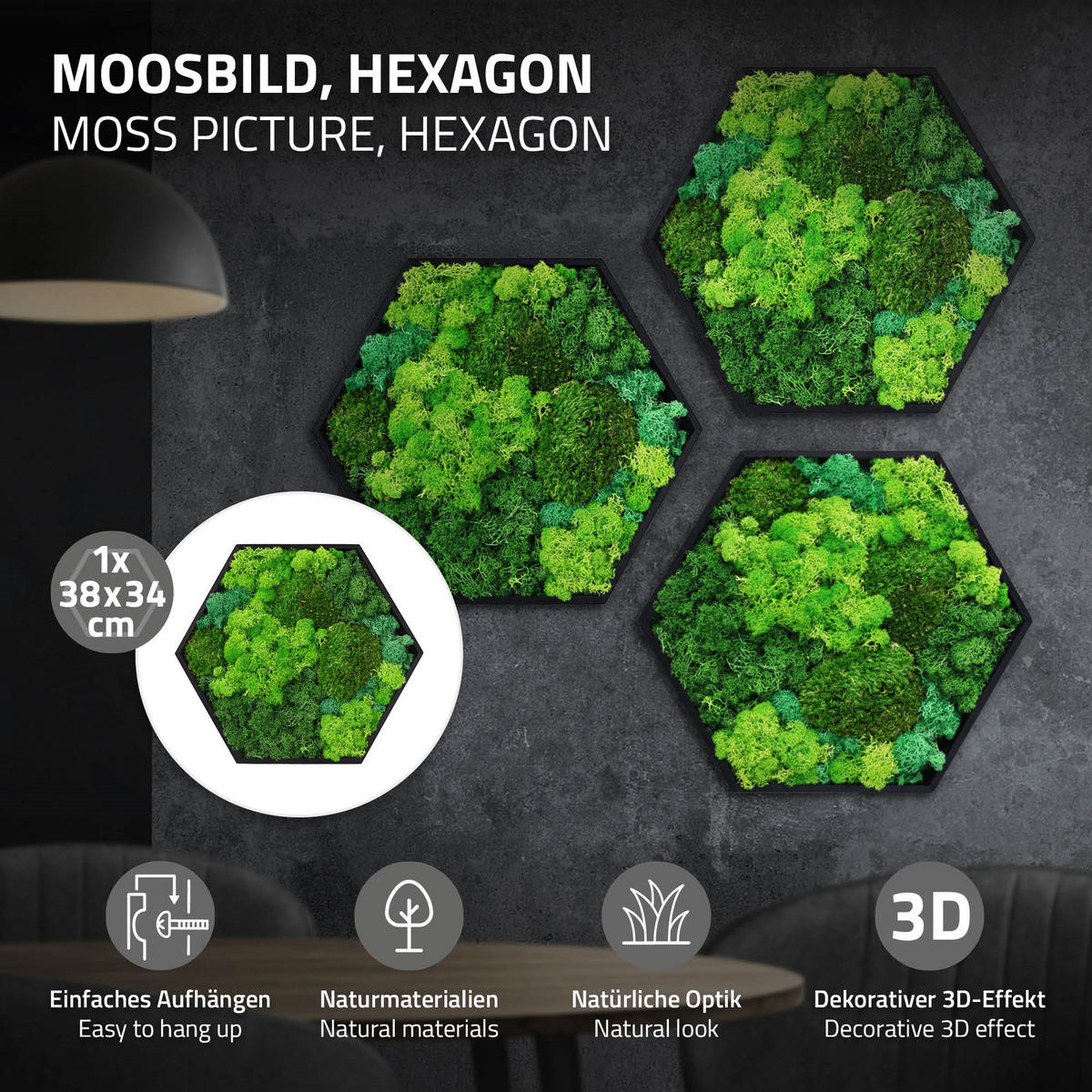 MOOSBILD Hexagon 38x34 cm Mooswand Indoor mit echtem echtem Kugelmoos-Islandmoos-Flachmoos-Mix und Holzrahmen Grün - Waldgrün, Naturmaterialien (38/34/3.4cm) - ECD-Germany