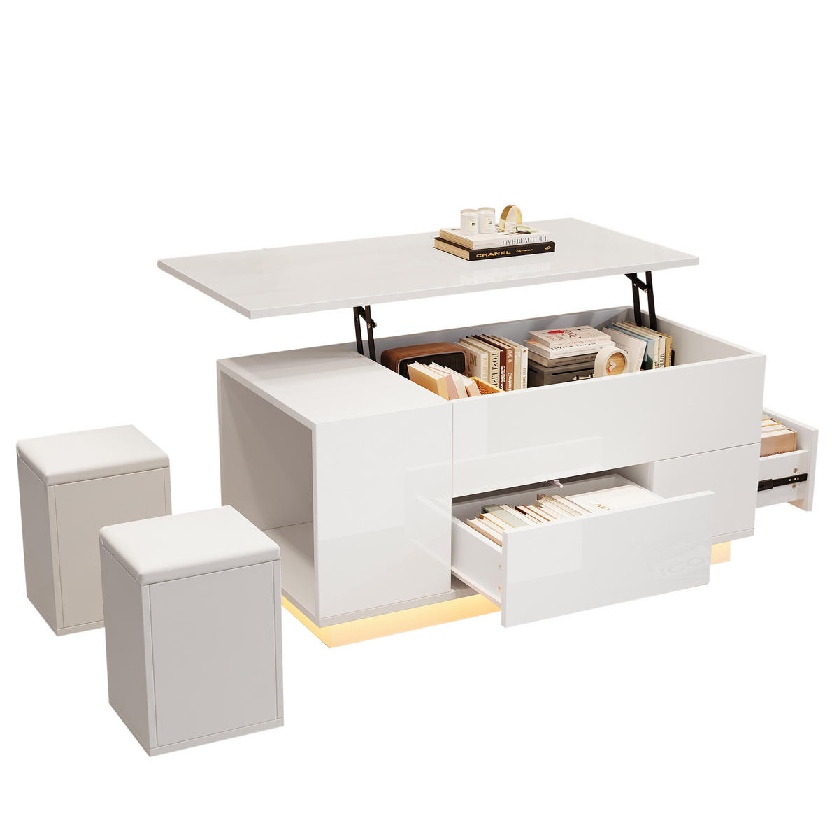 COUCHTISCH 4-in-1 Weiß 100/50/45 cm 2 Hocker - Weiß, Holzwerkstoff (100/50/45cm)