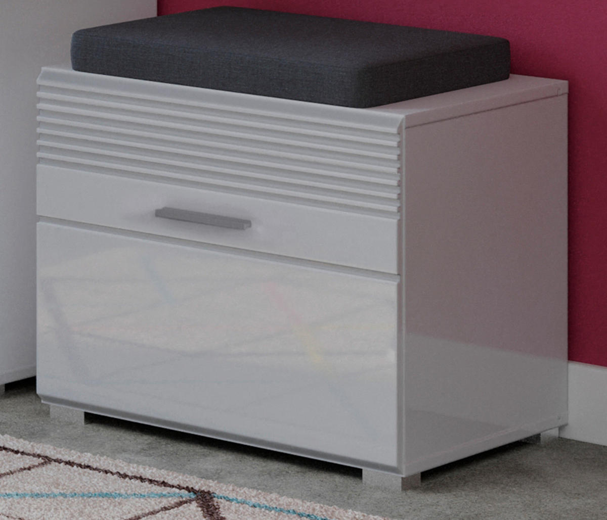 SITZBANK weiß Hochglanz 60 cm Garderobenbank mit Stauraum, Schuhschrank - Weiß Hochglanz/Silberfarben, Holzwerkstoff/Kunststoff (50/33/4cm) - Inn.Furn