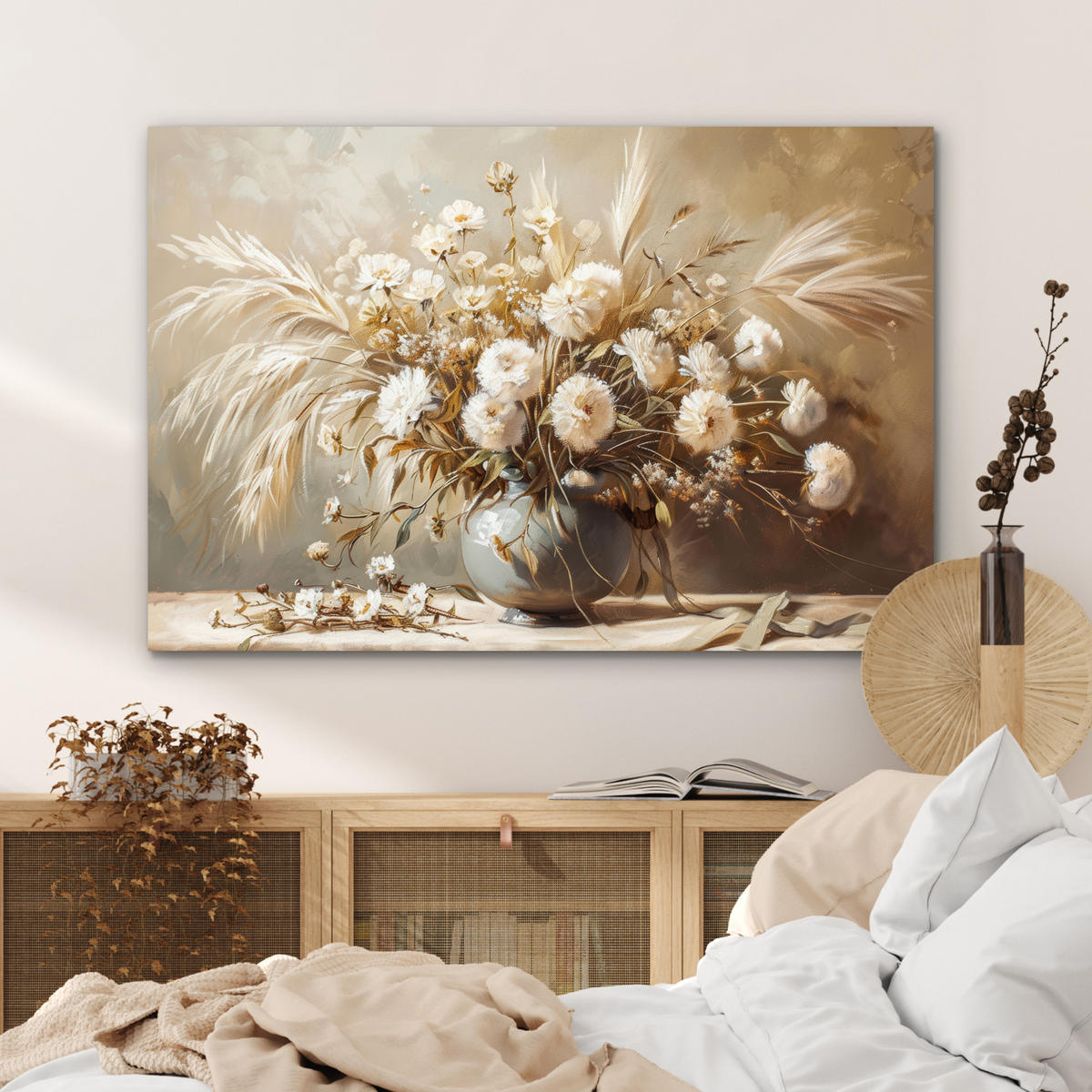 METALLBILD Blumen - Vase - Stilleben - Beige 90x60 cm - Creme, Metall (90/60cm) - MuchoWow