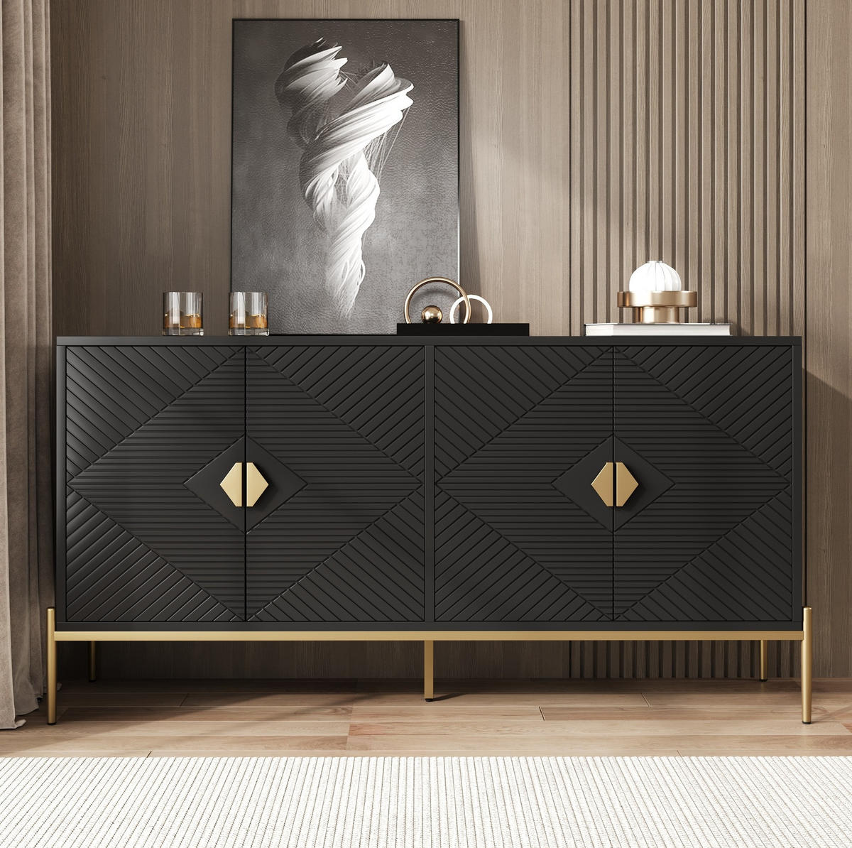 KOMMODE 162/40/80 cm in Schwarz mit 4 Türen und goldfarbenen Metallbeinen - Schwarz, Holzwerkstoff (162/80/40cm) - Flora Grace