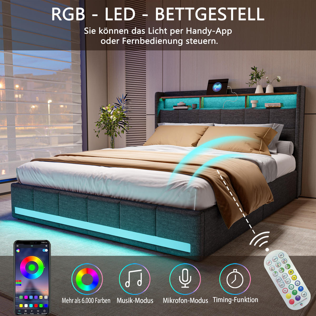 POLSTERBETT 140x190 cm, mit Lattenrost, LED, USB, 4 Schubladen, Grau - Grau, Holz (140/190cm)