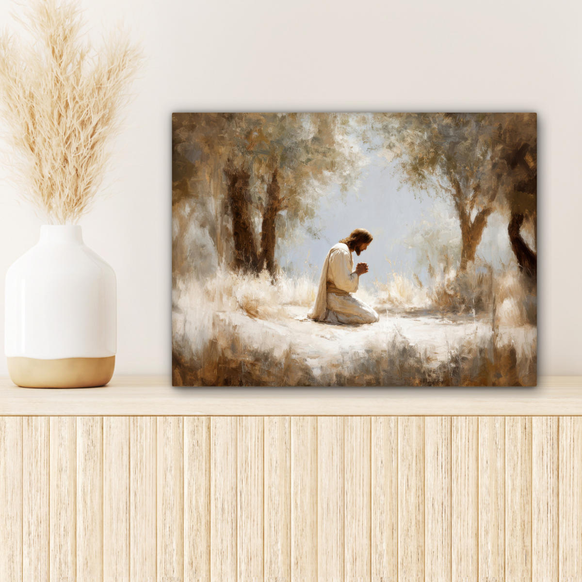 LEINWANDBILD Jesus - Kniend - Waldlandschaft - Betend Wandbild 40x30 cm - Beige/Hellblau, Textil (40/30cm) - MuchoWow