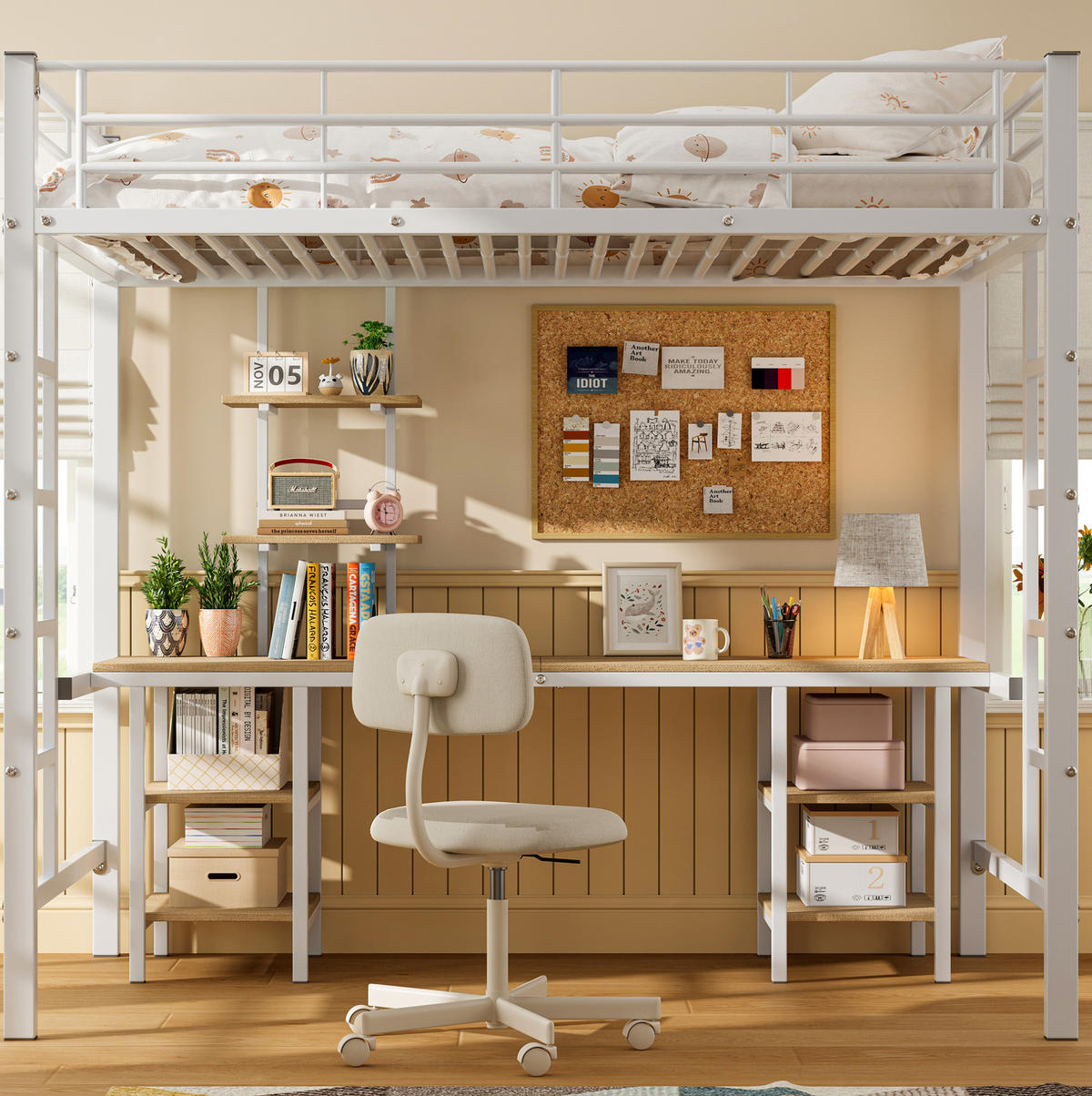 ETAGENBETT aus Metall und MDF 90x200 cm Weiß mit Schreibtisch, Regalen und Fallschutz - Weiß, Holzwerkstoff (90/200cm) - Modfu