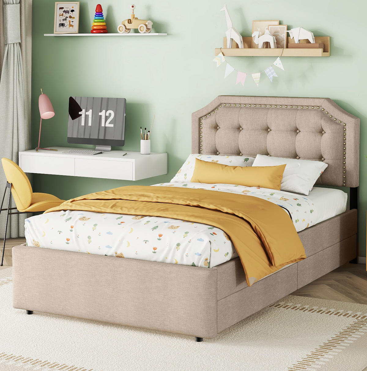 POLSTERBETT 90/200 cm mit 2 Schubladen und gepolstertem Kopfteil in Dunkelbeige - Beige, Textil (90/200cm) - BEAOK