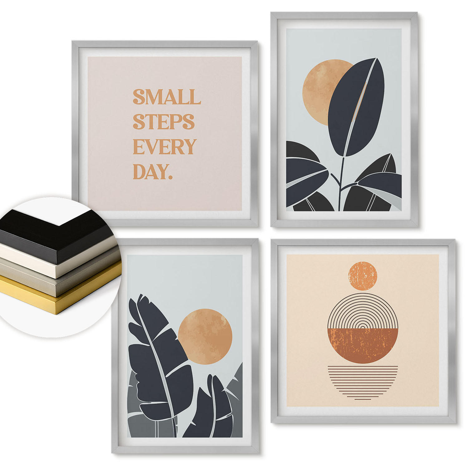 WANDBILDER 4er Set - 50x50 cm & 40x60 cm Silberner Rahmen - Pflanzenmuster große minimalistische Sonnen - Silberfarben, Kunststoff (50/50cm) - ArtPrintCave
