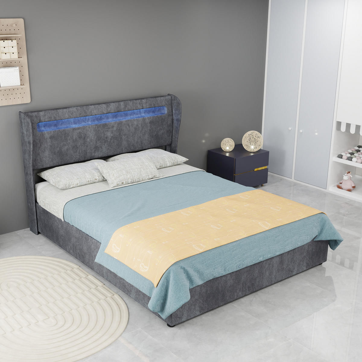 POLSTERBETT 140/200 cm in Grau mit LED Stoff Modernes Design - Grau, Holzwerkstoff/Textil (140/200cm) - STILVORA
