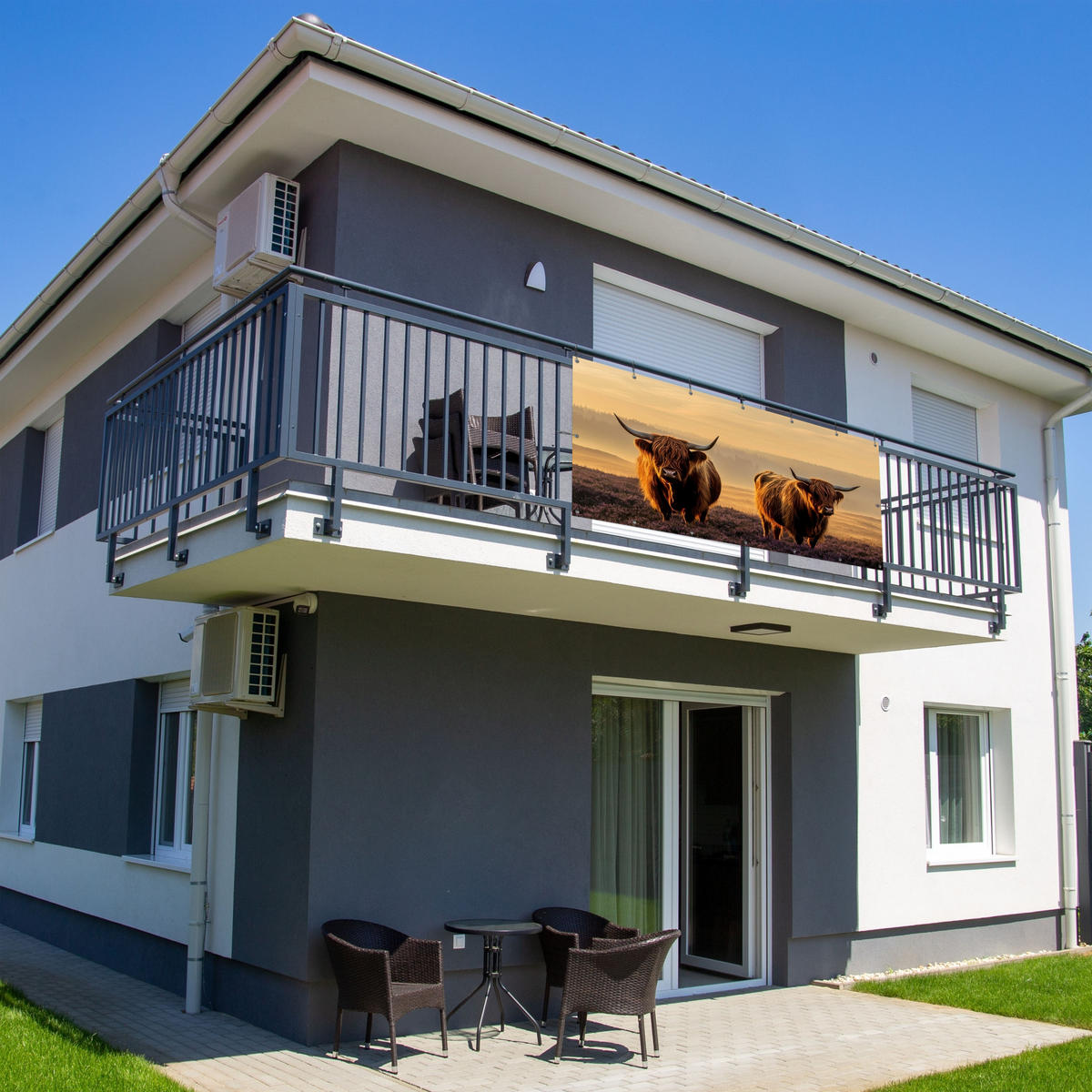 BALKON-SICHTSCHUTZ Schottische Hochlandbewohner - Heide - Landschaft - Tiere - Cognac, Kunststoff (200/90cm) - MuchoWow