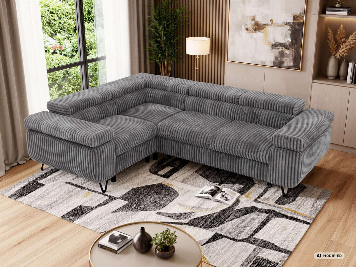 ECKSOFA FALCO L - Grau Cord - Links Seite - Schwarz/Grau, Textil/Metall (197/268cm) - MKS