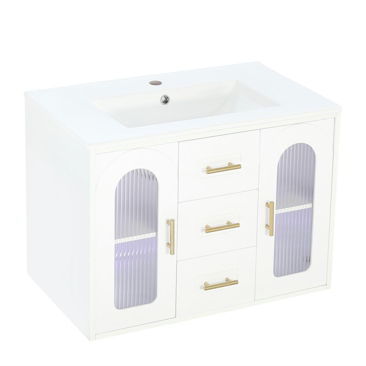 WASCHTISCH mit Unterschrank 76cm Weiß Holzoptik mit LED & Glastür - Weiß, Holzwerkstoff (76/55/46cm) - Urban Meuble