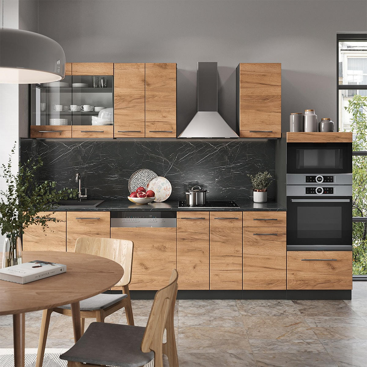 KÜCHENZEILE Fame-Line Goldkraft Eiche/Anthrazit 300 cm mit Hochschrank, AP Marmor - Honigeiche/Anthrazit, Holzwerkstoff (300/81.6/60cm) - Vicco