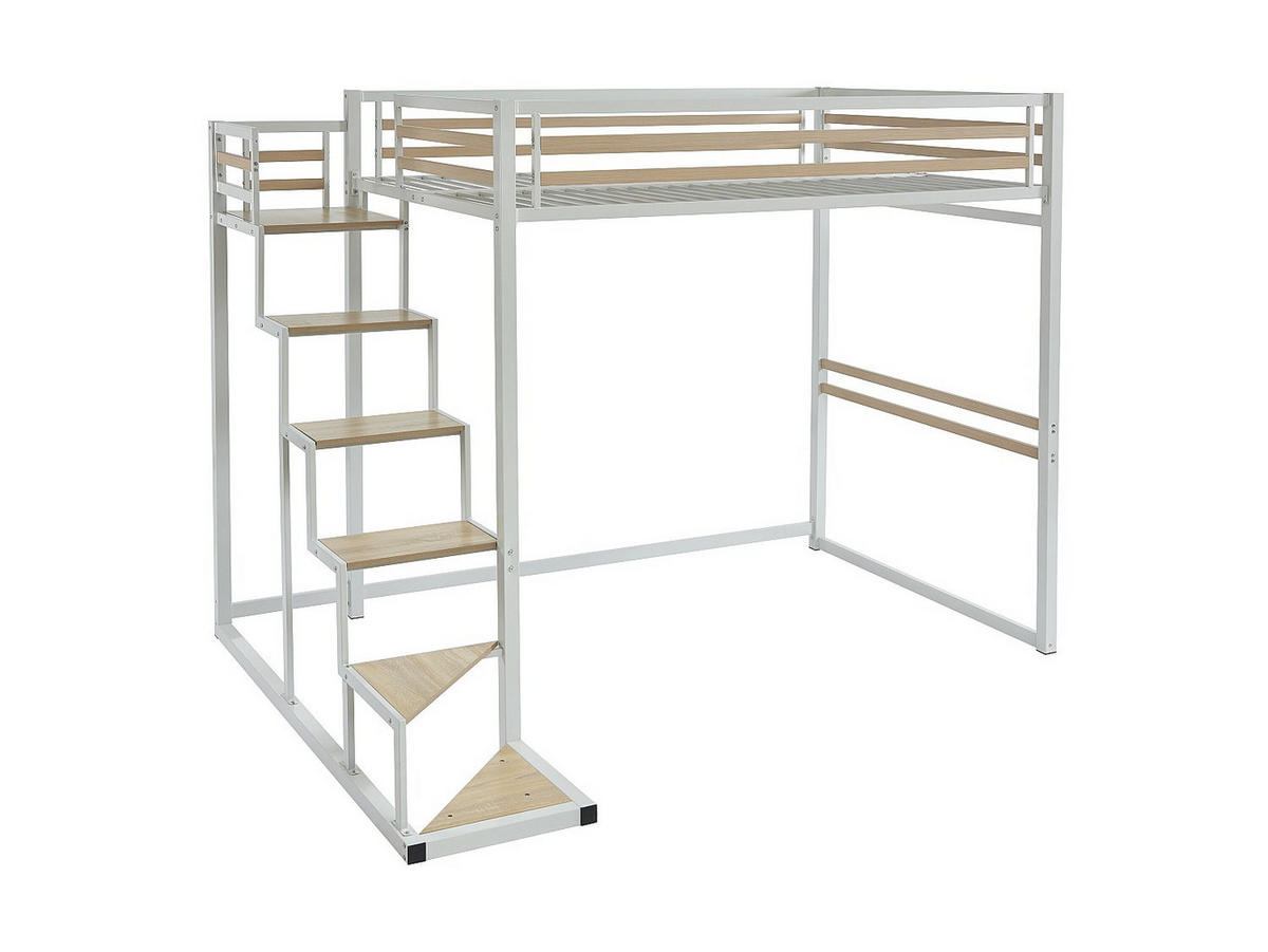 HOCHBETT mit Matratze - 140 x 200 cm - Metall & MDF - Weiß - JOGUI - Weiß/Naturfarben, Metall - Vente-Unique