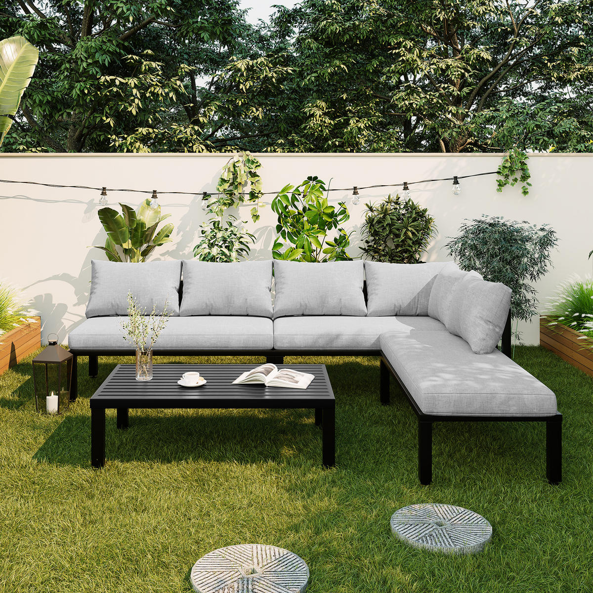 GARTENMÖBEL-SET 6 Sitzer Sofa Tisch Stahl Verstellbar Grau - Grau, Textil (194/84/260cm) - FLIEKS