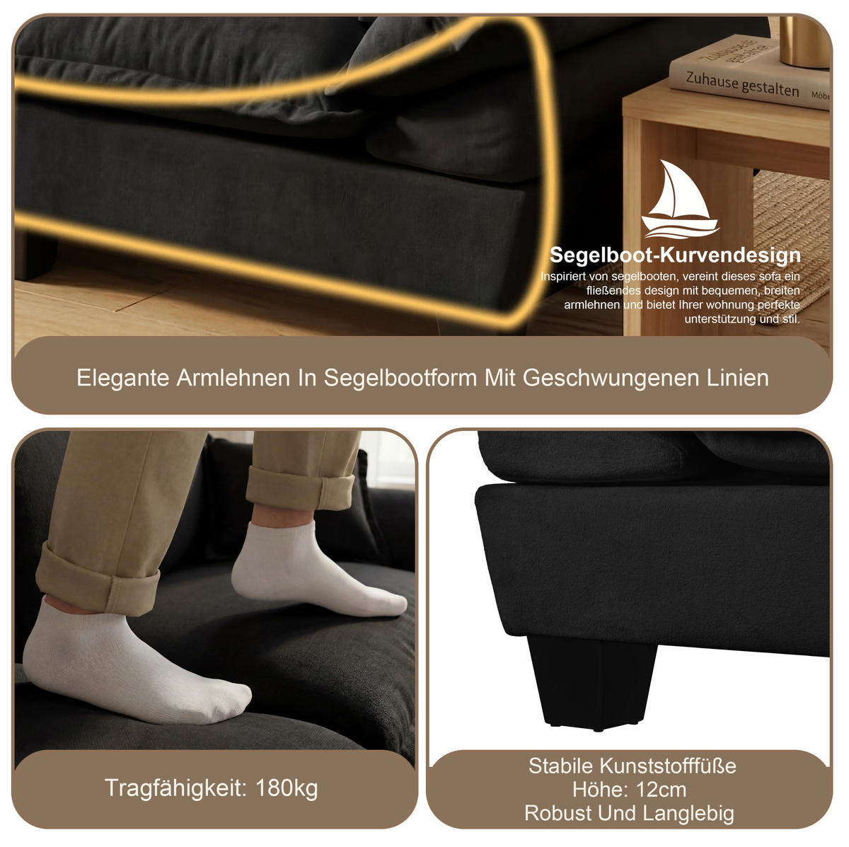 3-SITZER Sofa 263/82/90 cm mit geschwungenen Armlehnen und modularer Form, Chenille, Schwarz - Schwarz, Textil (263/90/82cm) - Redom