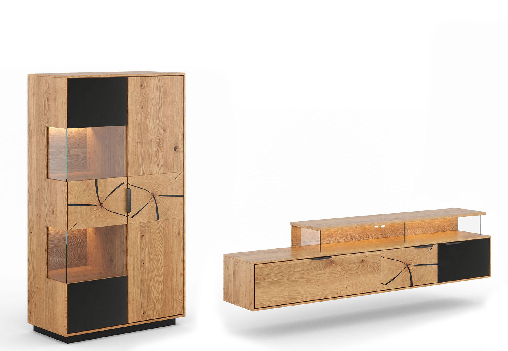 WOHNWAND Tirano 2er-Set Eiche Natur / Schwarz / Hirnholz - Eichefarben/Multicolor, Holz/Metall (283/147/39cm) - Feldmann-Wohnen