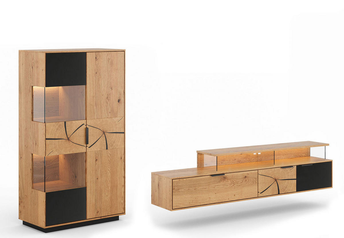 WOHNWAND Tirano 2er-Set Eiche Natur / Schwarz / Hirnholz - Eichefarben/Multicolor, Holz/Metall (283/147/39cm) - Feldmann-Wohnen