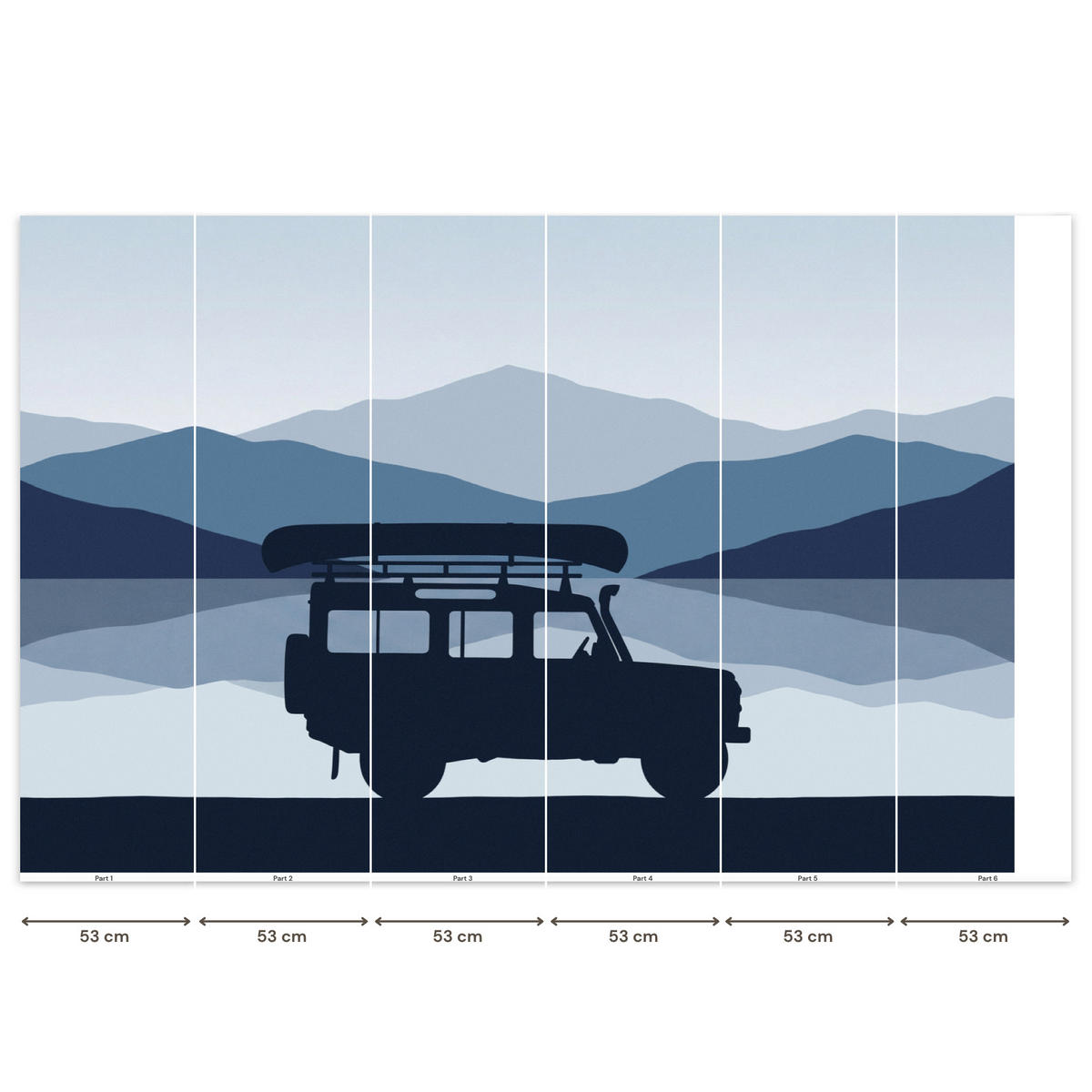 KINDERTAPETE - Auto - See - Berge - Blau - 350x220 cm - Blaugrau, Papier (350/220cm) - OnlyWow