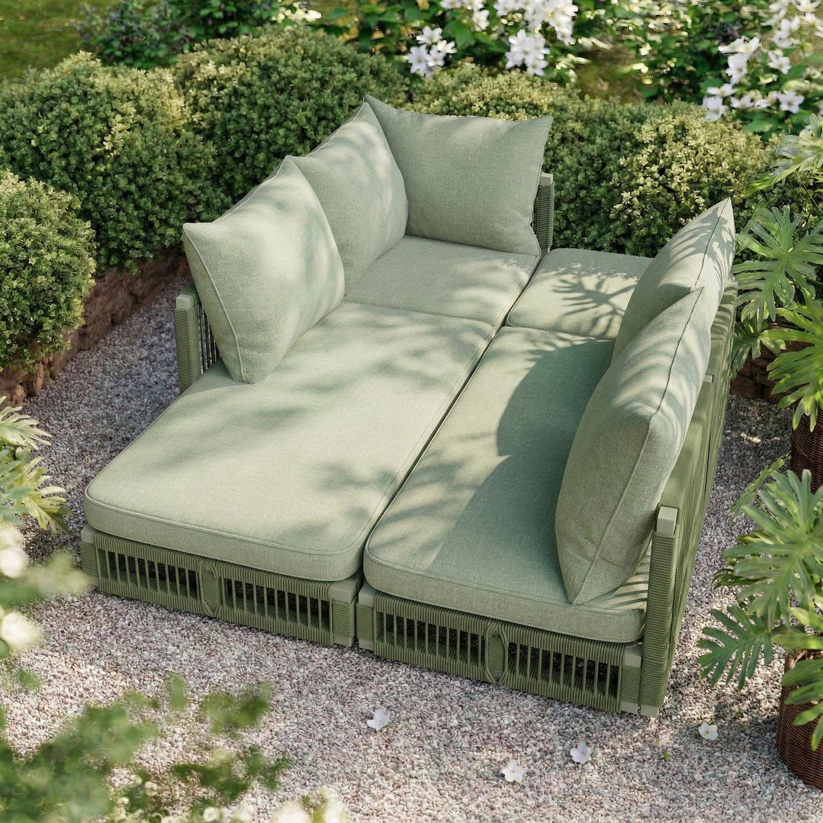 LOUNGESET, Seilgeflecht, Verstellbare Füße, Glas-Couchtisch, Grün - Grün, Metall - FLIEKS