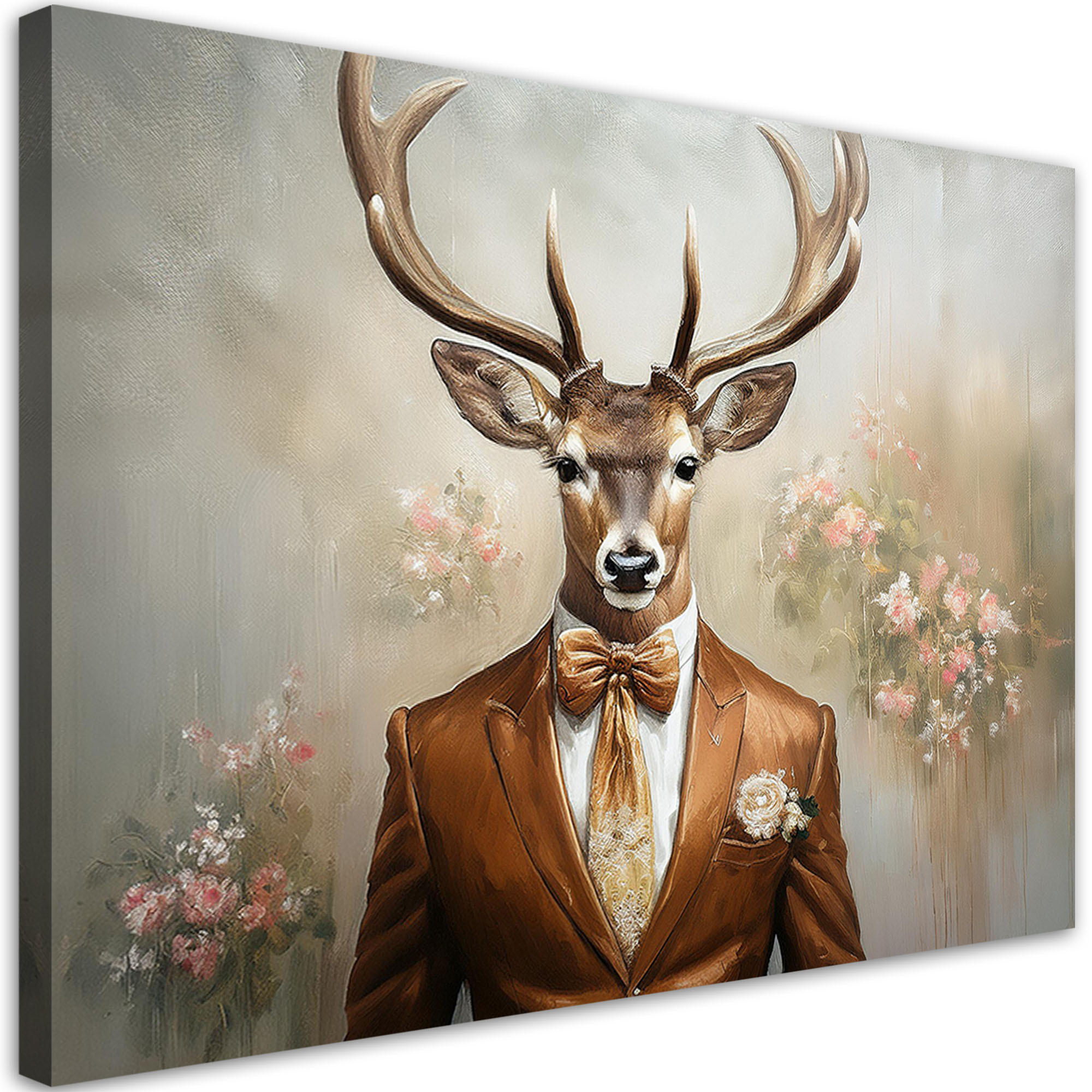 WANDBILD hirsch im anzug retro blumen - Braun, Textil (60/40cm) - Feeby