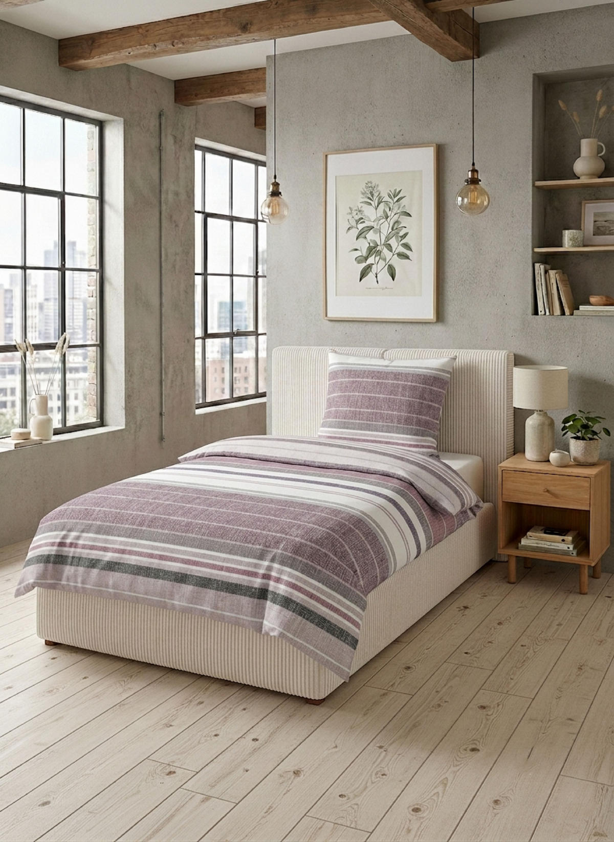 BETTWÄSCHE-GARNITUR Premium Satin Querstreifen beere, 155x220 cm + 80x80 cm - Beere, Textil (155/220cm) - biberna