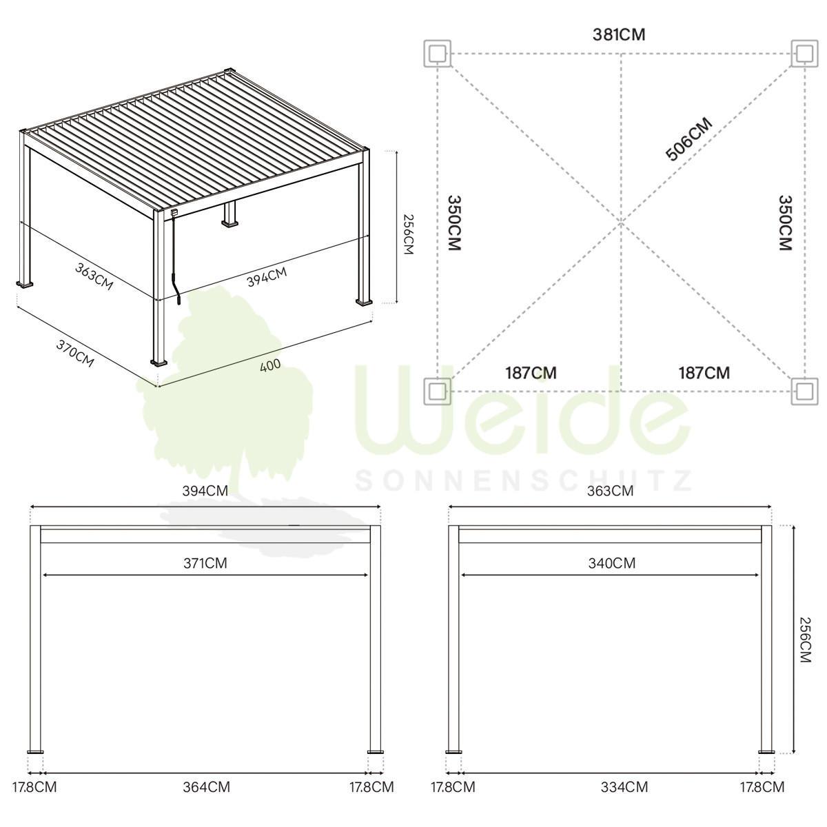 TERRASSENÜBERDACHUNG Deluxe 3,6x4 M Elektrisch Pavillon Aluminium LED - Schwarz, Metall (360/255/400cm) - WEIDE