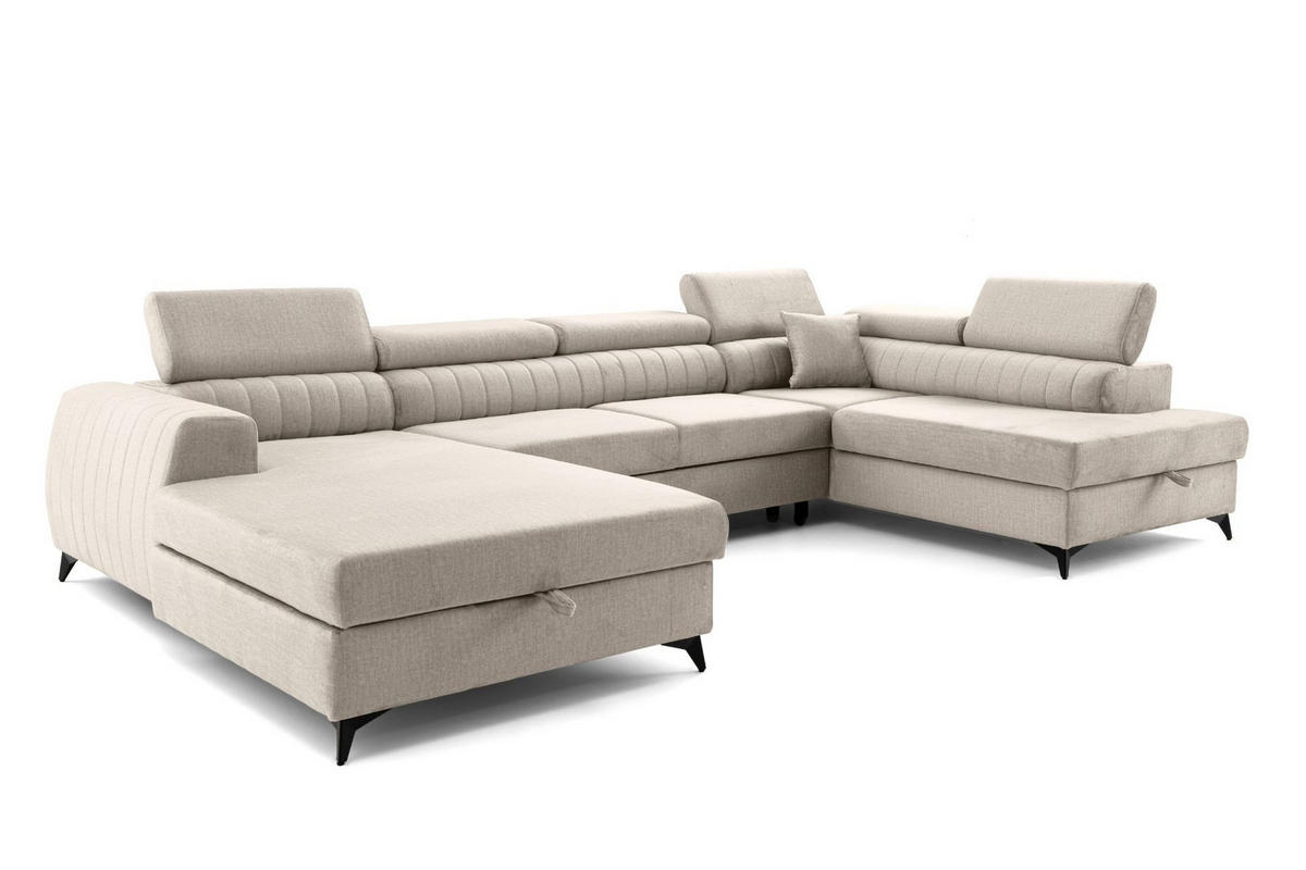 ECKSOFA U-Form PIERO U Rechts mit Schlaffunktion 125x260 Velours Creme - Creme/Schwarz, Holz/Textil (203/90/350cm) - Muffo